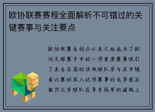 欧协联赛赛程全面解析不可错过的关键赛事与关注要点